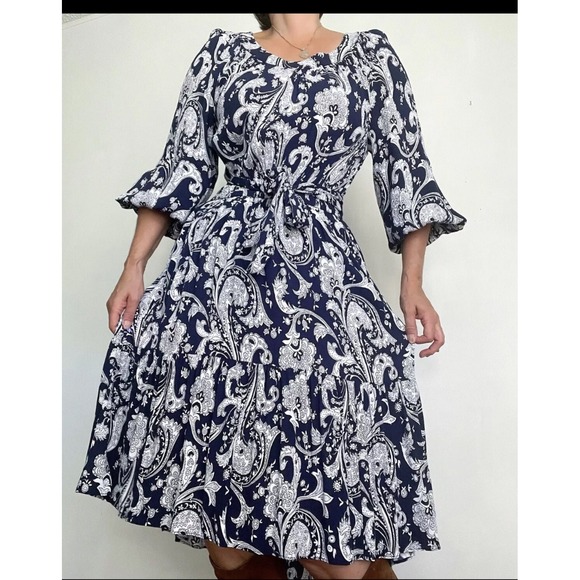 Talbots Navy Blue White Paisley Print Dress 3/4 Sleeve Drawstring Waist L - Picture 1 of 10